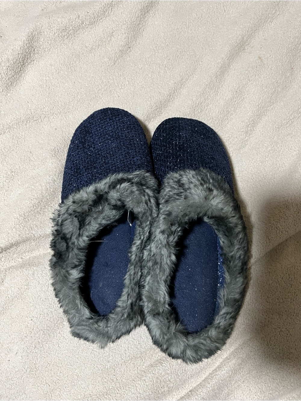 totes Kids Navy Slippers with Gray Faux-Fur Trim